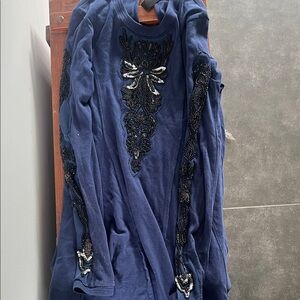 Free People Navy Long Sleeve Beaded Appliqué Mini Sweater Dress